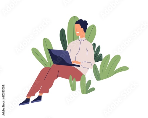 Happy employee working in positive environment and good conditions. Man with laptop in stress-free atmosphere and conducive psychological climate. Flat vector illustration isolated on white background