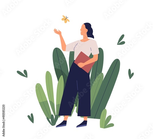 Concept of positive working environment and good conditions. Happy employee during break. Relaxed stress-free atmosphere and conducive psychological climate. Colored flat vector illustration