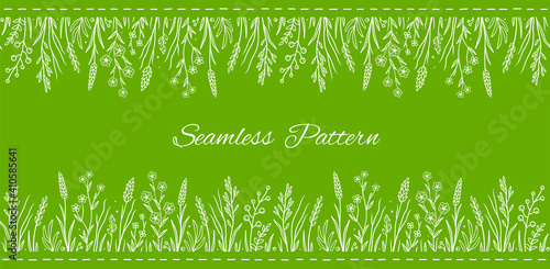 botanical seamless pattern with wild flowers and herbs