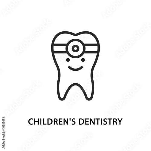 Childrens dentistry flat line icon. Vector illustration funny tooth to indicate baby dentistry in the clinic.