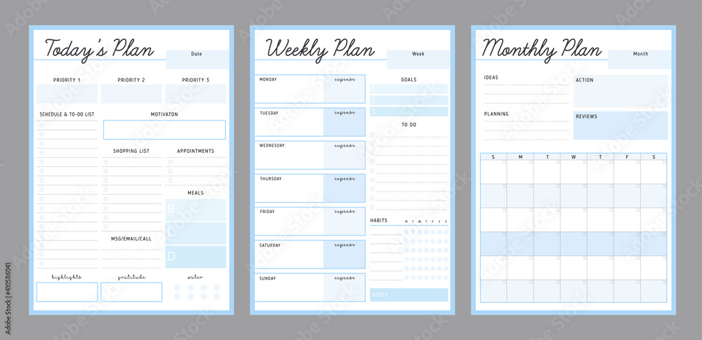 3 Set of Daily Weekly Monthly planner printable template Vector (Baby ...
