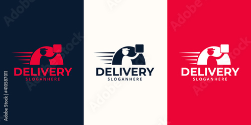 Delivery Logo designs Template. Illustration vector graphic of delivery man courier holding box logo design concept. Perfect for business logotype,Delivery service, Delivery express logo design. 