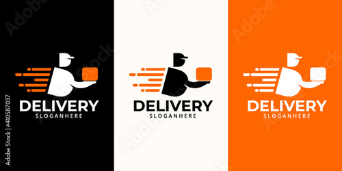 Delivery  Logo designs Template. Illustration vector graphic of  delivery man courier holding  box  logo design concept. Perfect for business logotype,Delivery service, Delivery express logo design.  