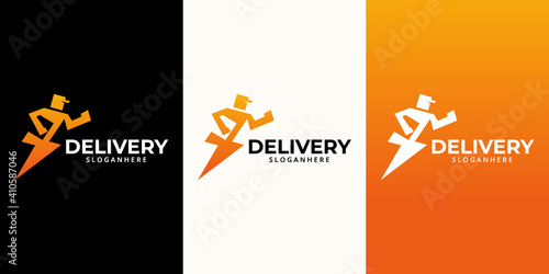 Delivery  Logo designs Template. Illustration vector graphic of  thunder with delivery man courier holding  box  logo design concept. Perfect for,Delivery service, Delivery express logo design.  