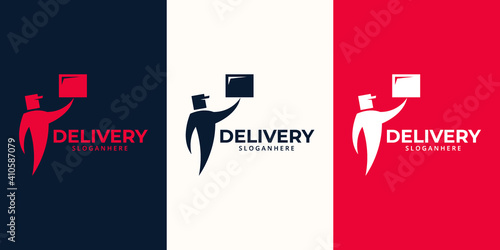 Delivery  Logo designs Template. Illustration vector graphic of  delivery man courier holding  box  logo design concept. Perfect for business logotype,Delivery service, Delivery express logo design.  
