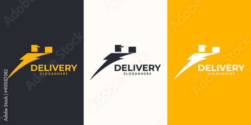 Delivery  Logo designs Template. Illustration vector graphic of  thunder with delivery man courier holding  box  logo design concept. Perfect for,Delivery service, Delivery express logo design.  