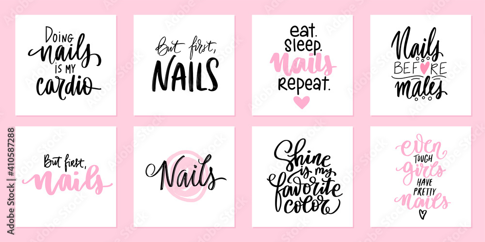 Vector Handwritten lettering about nails. Vector calligraphy illustration.  Inspiration quotes about nail and manicure. Pink colors with glitter. For nail  beauty salons 5949232 Vector Art at Vecteezy