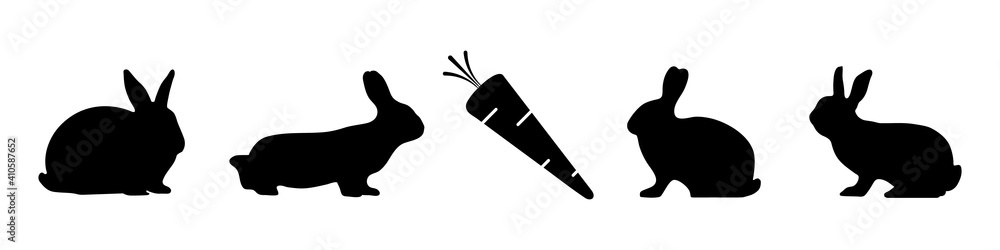 Rabbit Silhouettes And Carrot - Black Vector Illustration Set - Isolated On White Background Rabbit Silhouettes And Carrot - Black Vector Illustration Set - Isolated On White Background