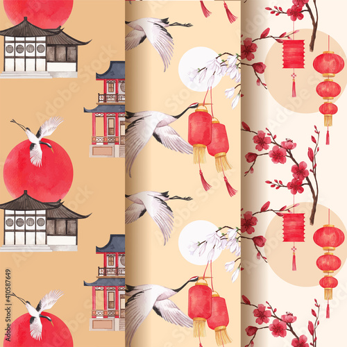 Pattern template with Happy Chinese New Year concept design watercolor vector illustration