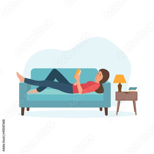 Rest at home. The girl is lying on the couch and reading a book. Vector illustration