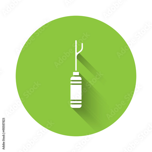 White Awl tool with wooden handle icon isolated with long shadow. Work equipment tailor industry. Green circle button. Vector Illustration.