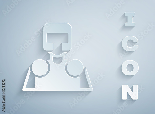 Paper cut Medieval knight icon isolated on grey background. Paper art style. Vector.