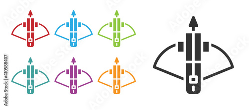 Black Battle crossbow with arrow icon isolated on white background. Set icons colorful. Vector.