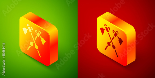 Isometric Crossed medieval axes icon isolated on green and red background. Battle axe, executioner axe. Medieval weapon. Square button. Vector.