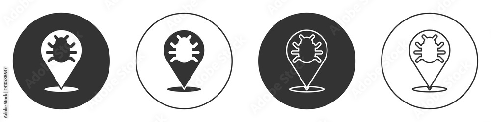 Black System bug concept icon isolated on white background. Code bug concept. Bug in the system. Bug searching. Circle button. Vector. Black System bug concept icon isolated on white background. Code bug concept. Bug in the system. Bug searching. Circle button. Vector.
