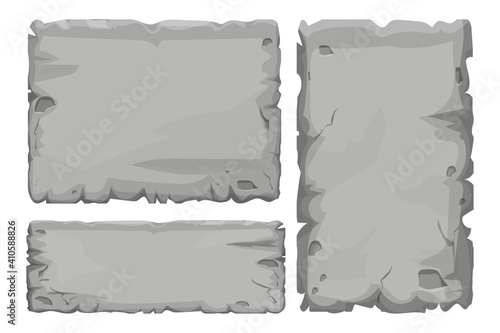 Set of Stone tablet, rock banner with cracked elements in cartoon style isolated on white background. Grey frame, block boulder for interface ui games.