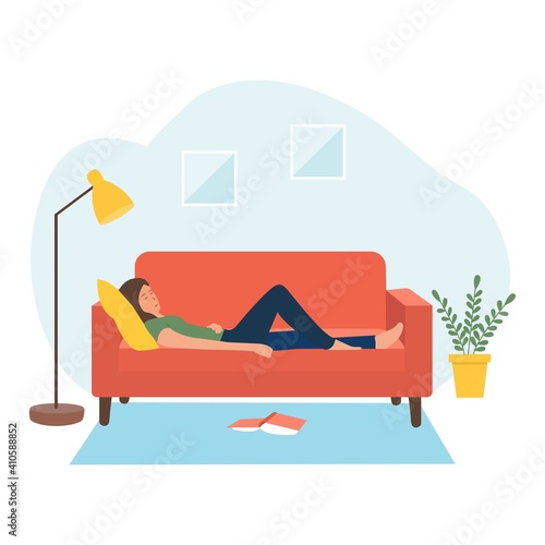 Rest at home.Sleeping woman at home sofa. Relaxing person.Woman nap after reading book. vector illustration.