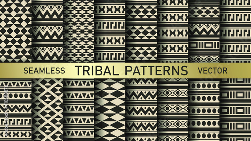 Set seamless vector geometric patterns. Collection of tribal backgrounds. Folk shapes pattern. For fabric, textile, wrapping, cover etc.	