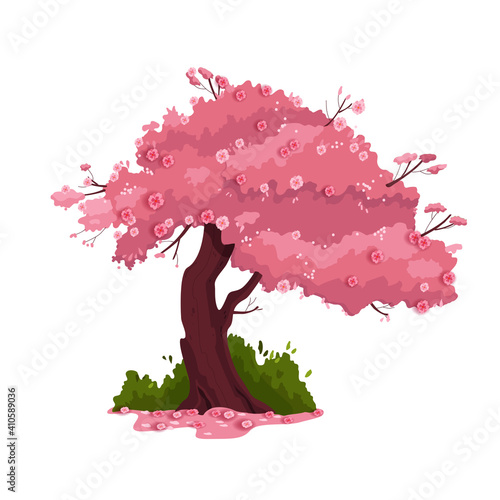 Spring cherry tree vector blossom nature illustration, pink sakura in bloom, wooden trunk, isolated on white. Summer cartoon landscape environment object, flowers, petals. Japanese cherry tree icon