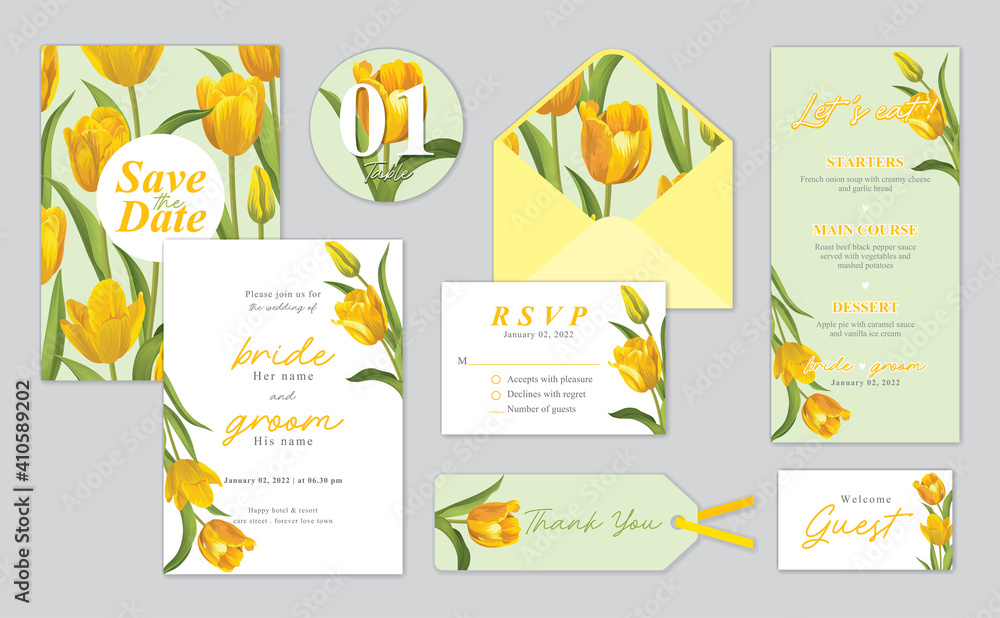 Tulip flower background template. Vector set of floral element for wedding invitations, greeting card, envelope, voucher, brochures and banners design.