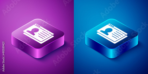 Isometric Resume icon isolated on blue and purple background. CV application. Searching professional staff. Analyzing personnel resume. Square button. Vector.