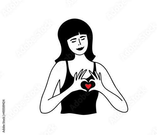 Young woman showing love sign by hands. Female making fingers heart shape. Self care, love gesture, body positive. Cute smiling girl with closed eyes and red heart. Valentines day vector illustration