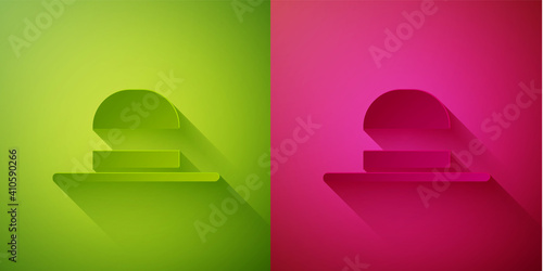 Paper cut Elegant women hat icon isolated on green and pink background. Paper art style. Vector.