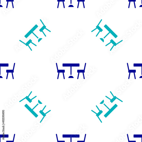 Blue Picnic table with chairs on either side of the table icon isolated seamless pattern on white background. Vector.