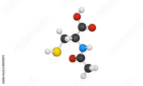 Molecular structure of Acetylcysteine(also known as N-acetylcysteine or NAC). C5H9NO3S. Acetylcysteine mucolytic, expectorant, detoxifying medical drug. Ball and Stick. 3D illustration.