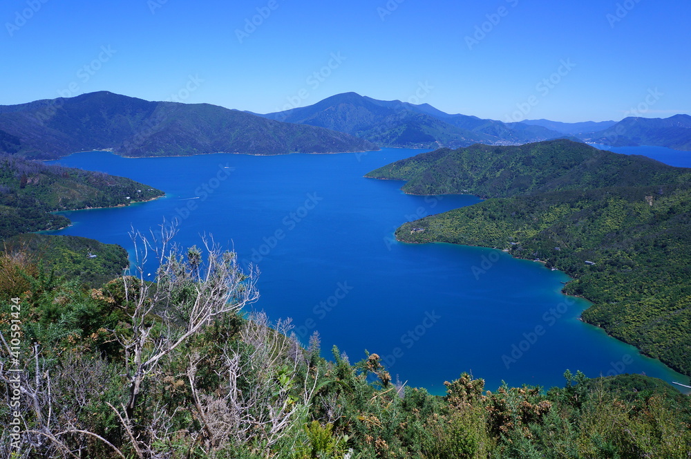 View on bay with beautiful blue water in south island in New Zealand
