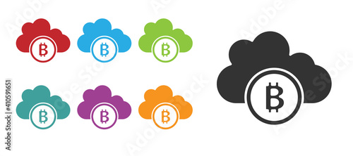 Black Cryptocurrency cloud mining icon isolated on white background. Blockchain technology, bitcoin, digital money market, cryptocoin wallet. Set icons colorful. Vector.