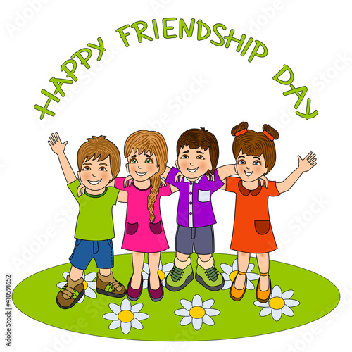 Happy Friendship Day greeting card with group of kids hugging together. Children friendship concept with happy boys and girls on a green lawn with flowers. Happy kids are best friends forever. 