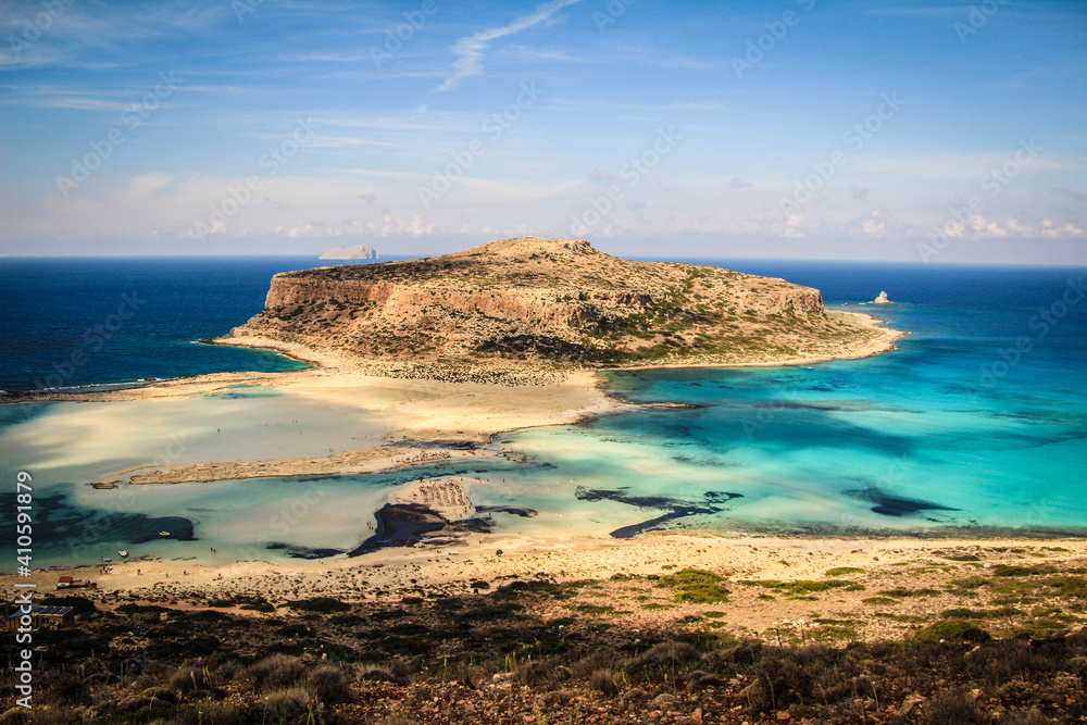 view of the beach of balos in greece, from afar