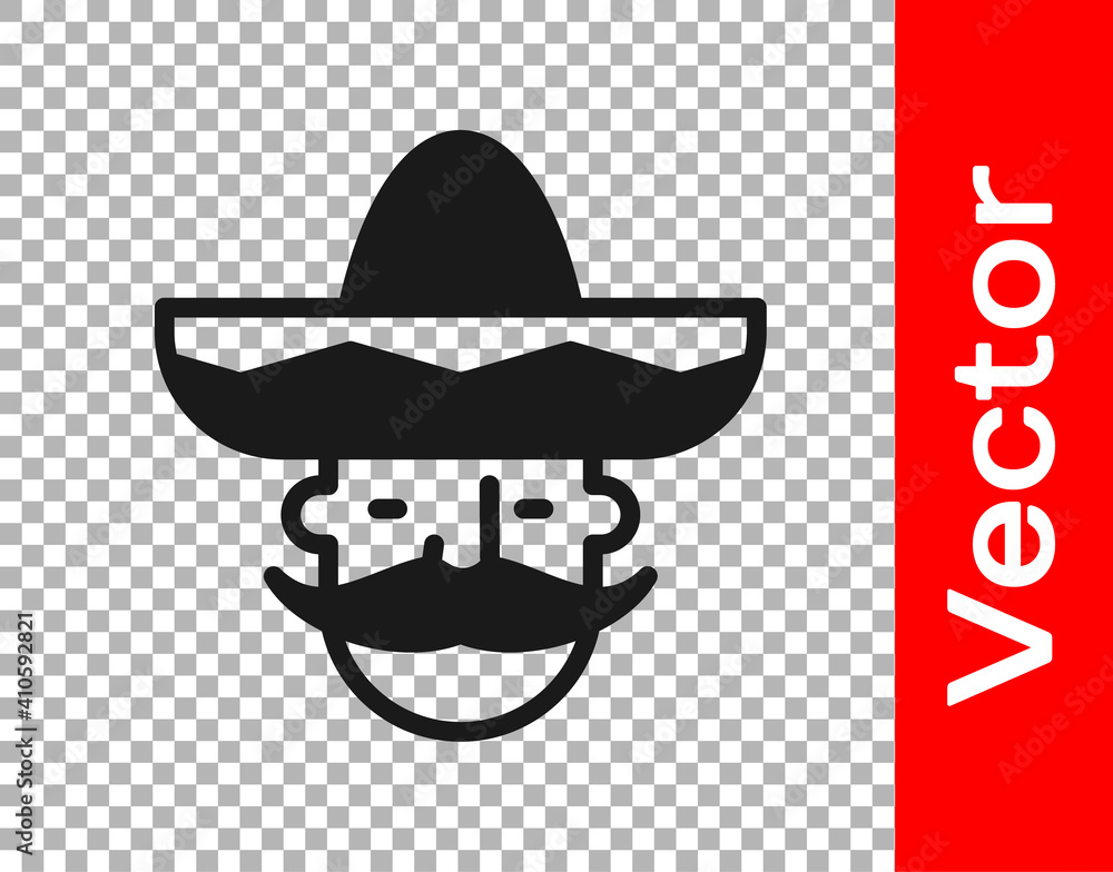 Black Mexican man wearing sombrero icon isolated on transparent background. Hispanic man with a mustache. Vector.