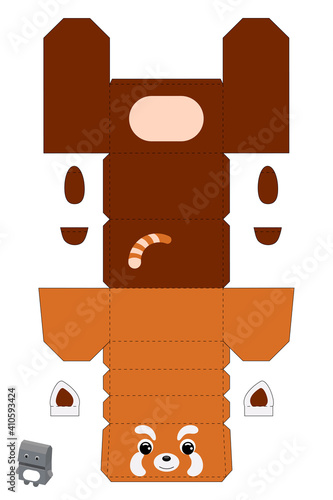 Party favor box red panda design for for sweets, candies, small presents, bakery. Package template, great design for any purposes, birthdays, baby showers. Vector stock illustration.