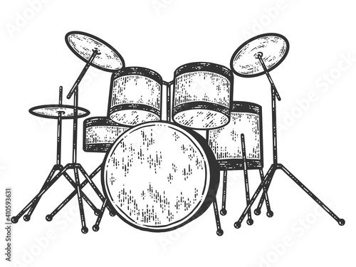 Drum kit. Engraving vector illustration. Sketch scratch