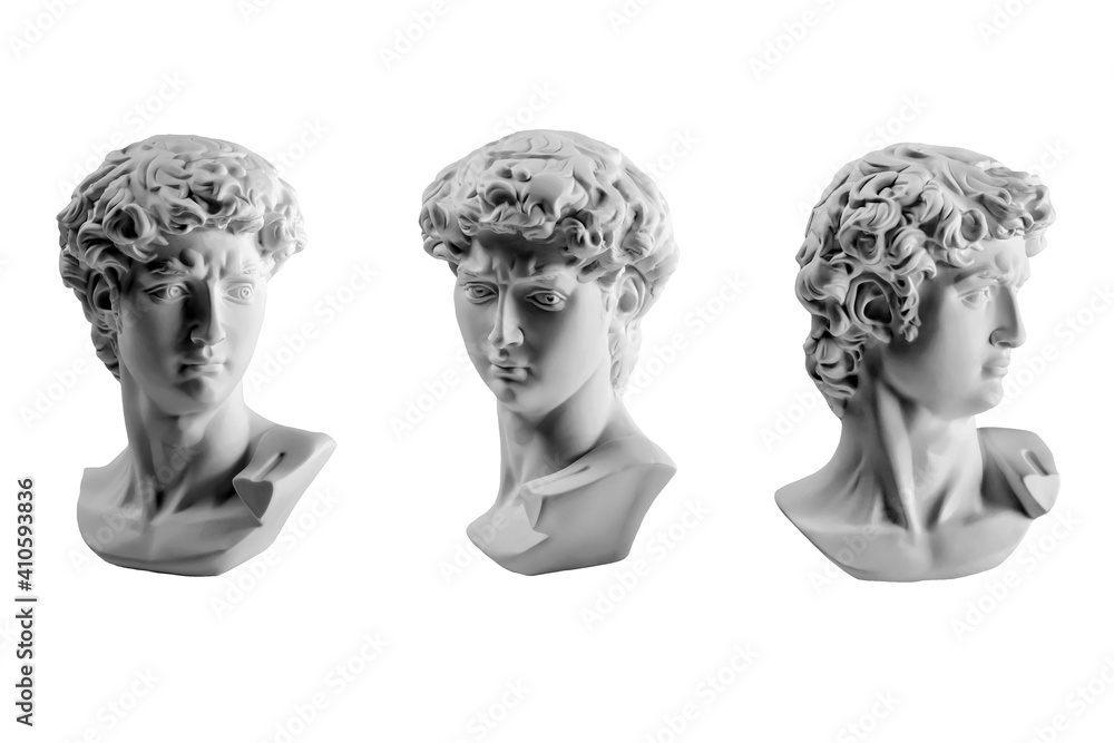 Gypsum statue of David's head. Michelangelo's David statue plaster copy