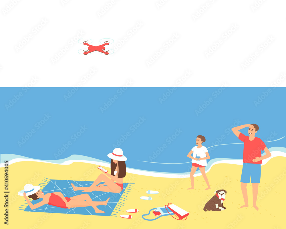 Family resting on the beach by the sea in seclusion. Dad and son are launching a quadcopter. Mom and daughter are sunbathing. The girl sits and reads an e-book. Flat vector illustration.
