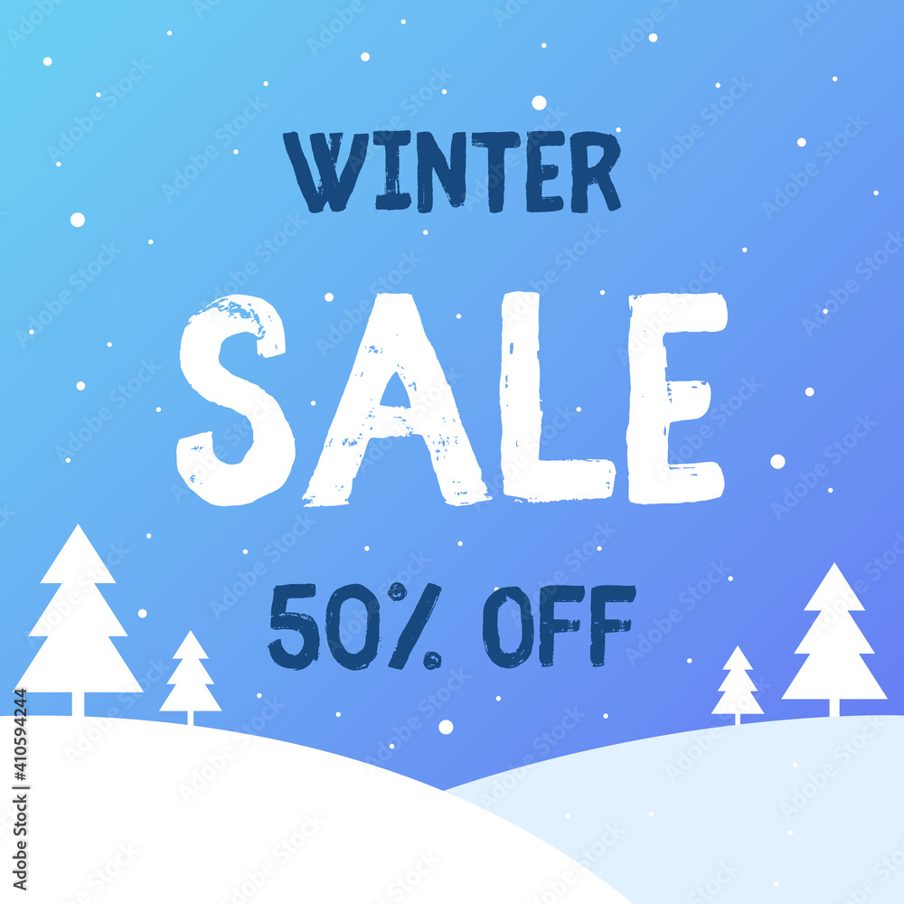 Winter sale. Minimalistic banner with snow and Christmas trees Winter sale. Minimalistic banner with snow and Christmas trees