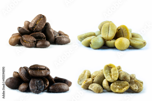 Coffee Beans Isolated on white background, Unroasted and roasted heap of Coffee Beans  on white Background. Aromatic beverage made from natural ingredients.