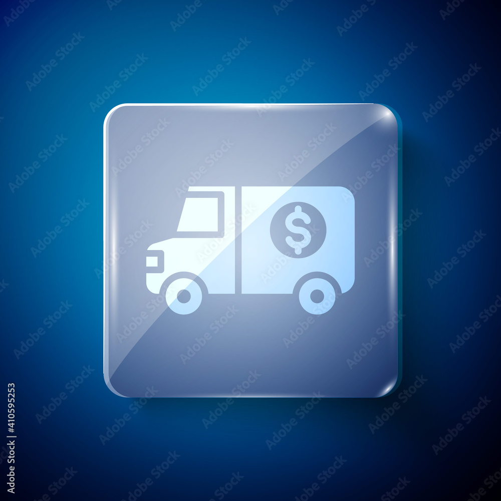 White Armored truck icon isolated on blue background. Square glass panels. Vector. White Armored truck icon isolated on blue background. Square glass panels. Vector.