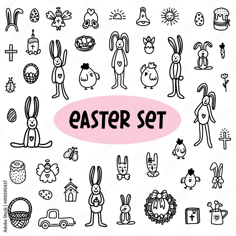 Fototapeta premium A set of cute Easter doodles. Easter bunnies, chickens, eggs, etc. Hand-drawn vector illustration in doodle style