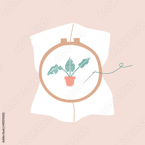 Top view of a embroider a flower, sewing needles, creative workshop, art craft lesson education. Hand drawn vector illustration in flat cartoon style, isolated on yellow background.