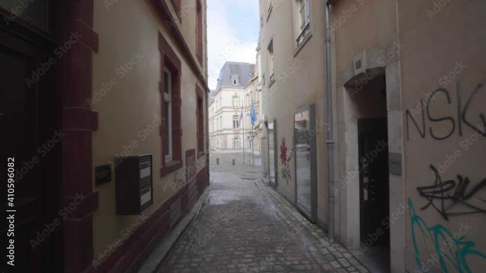 Walking At The Empty Alley With Graffiti On Walls During Pandemic In Luxembourg City. - POV Walking At The Empty Alley With Graffiti On Walls During Pandemic In Luxembourg City. - POV