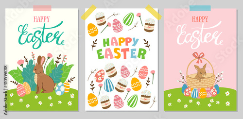 Happy Easter! A set of cute vector illustrations with Easter elements for a poster, postcard, invitation or banner.