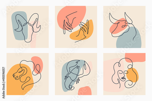 Continuous line art zodiac signs. Contemporary art concept backgrounds set.