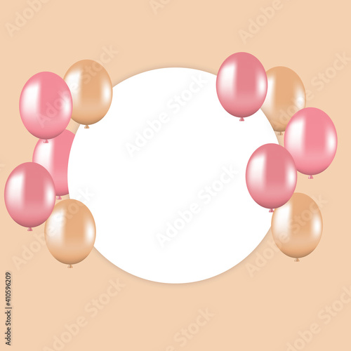 Balloons on nude background with white round. 3d for celebration, surprise, party and happy birthday. Vector illustration.