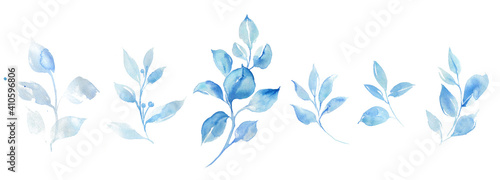 Blue leaves watercolor clipart. Vintage style. Spring design.