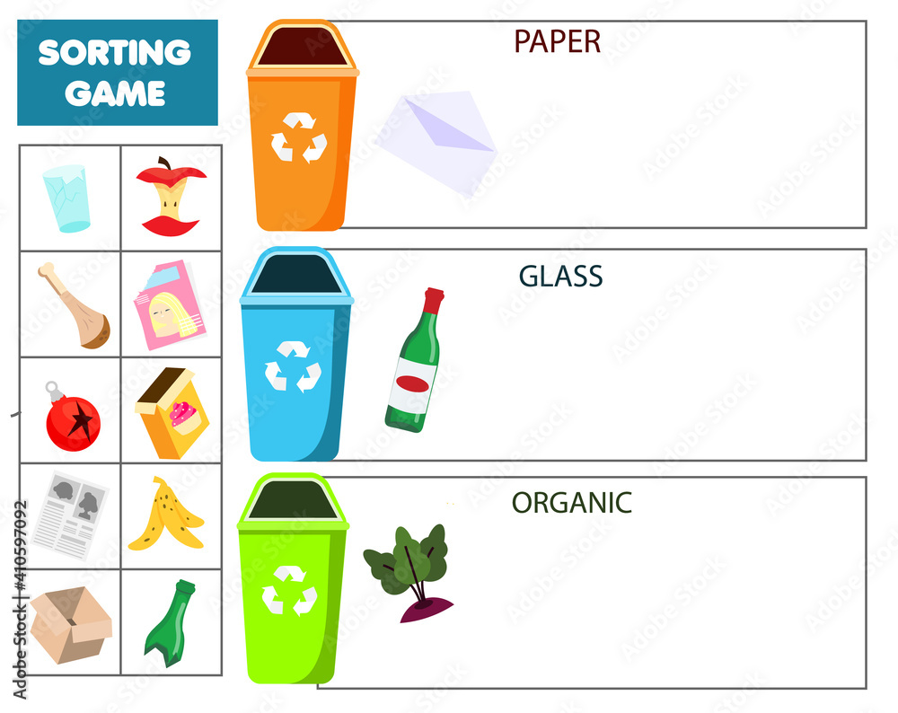 Garbage sorting educational children game. Match trash with bin Sorter