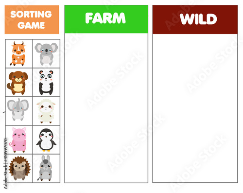 Sorting educational children game. Match farm and wild animals. Sorter activity for kids